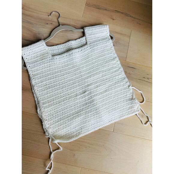 Vintage Hand Knit Apron Sweater in White Side Lace Cottage Romantic Hand Made - Picture 4 of 6